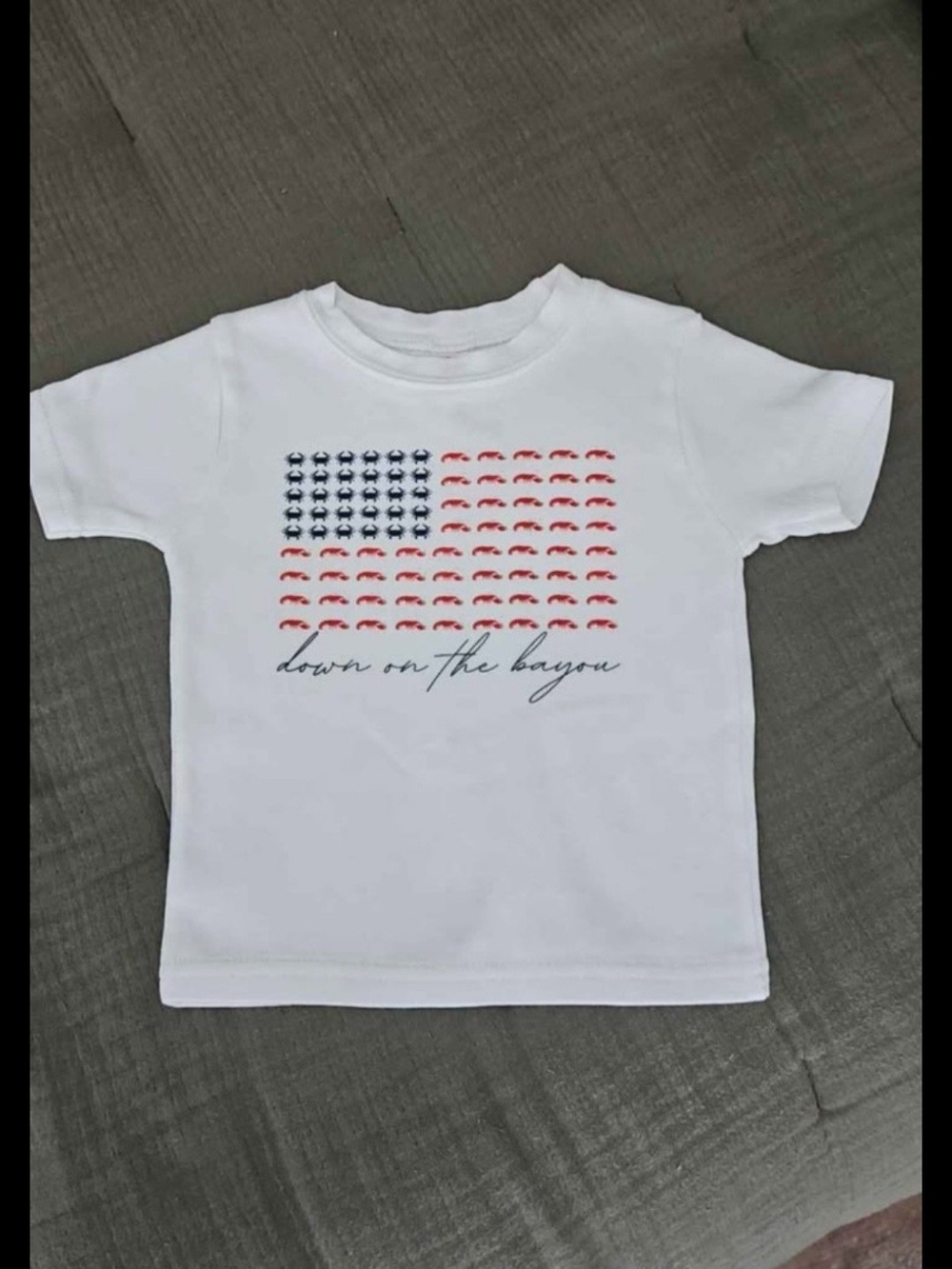 White Kids Tee with Red & Navy Flag Seafood Graphic